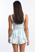Blue Floral Playsuit Ruffle Hem V-neck
