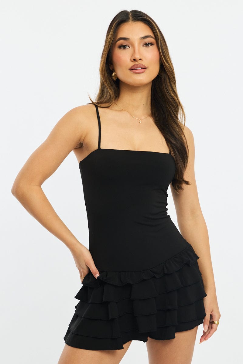Black Playsuit Frilled Hem