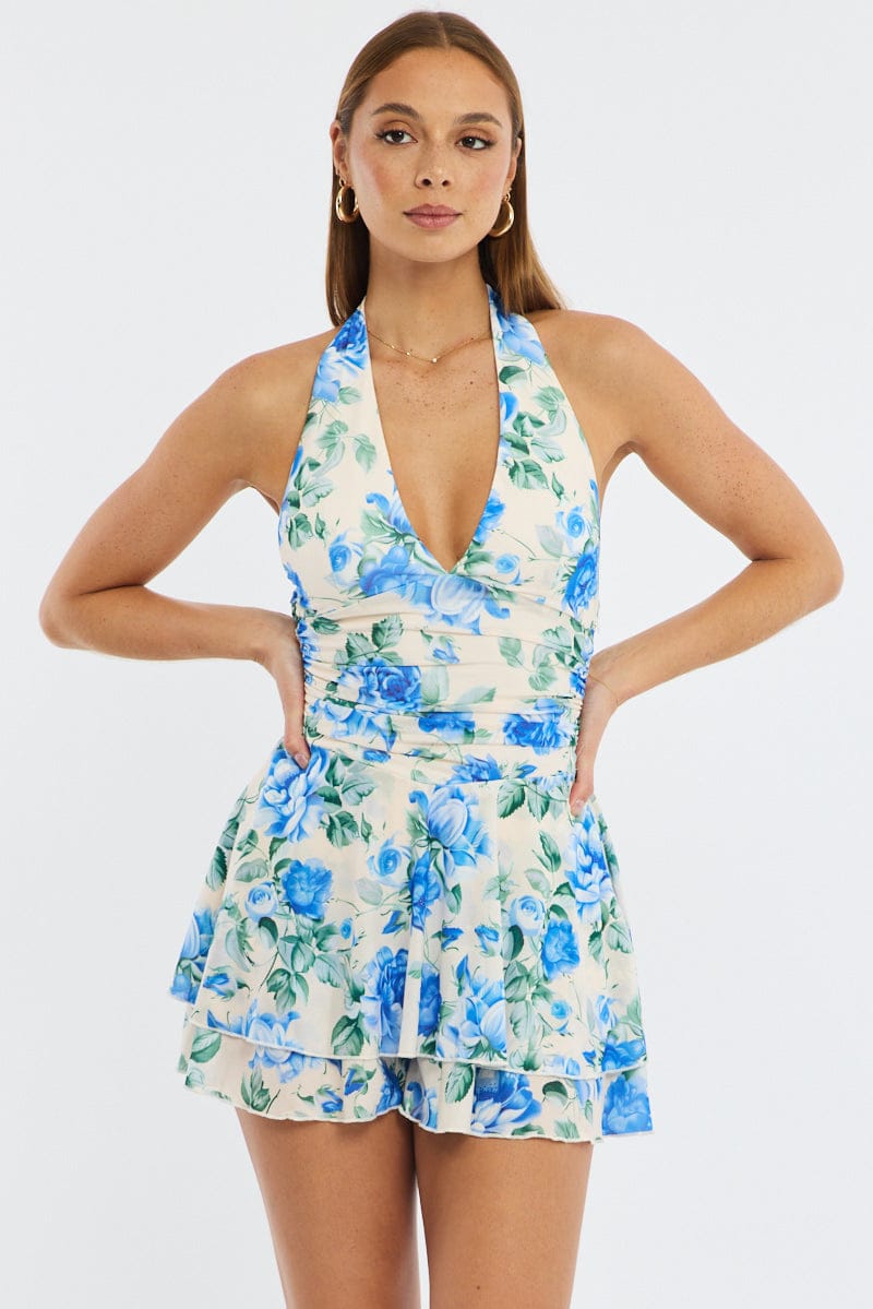 Blue Floral Playsuit V-neck Mesh