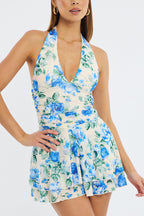 Blue Floral Playsuit V-neck Mesh