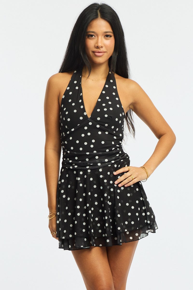 Black Polka Dot Playsuit V-neck Mesh