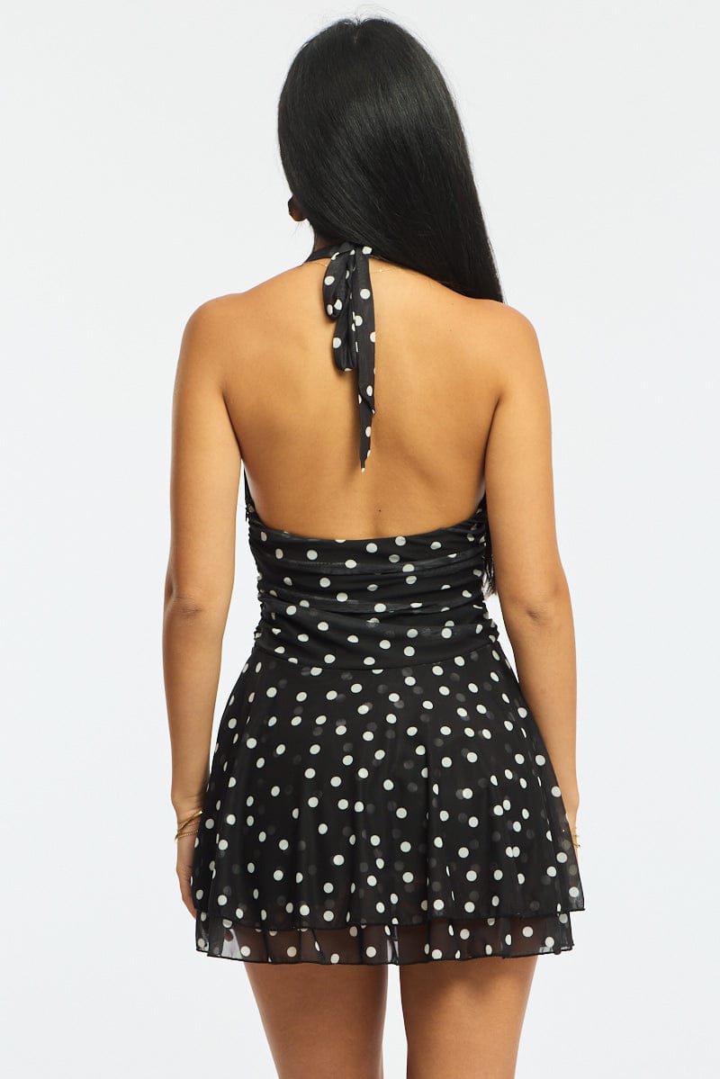 Black Polka Dot Playsuit V-neck Mesh