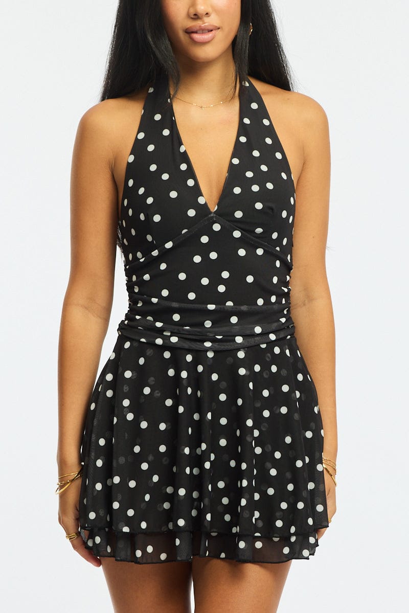 Black Polka Dot Playsuit V-neck Mesh