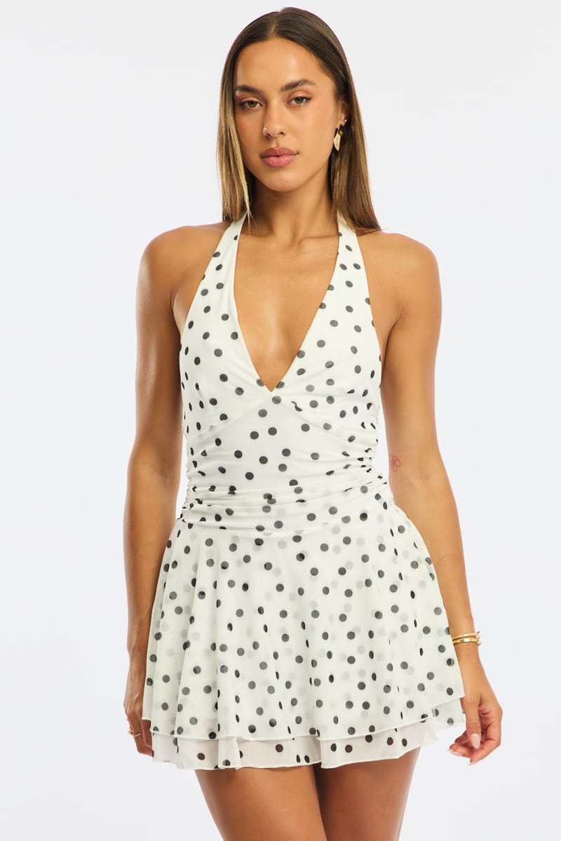 White Polka Dot Playsuit V-neck Mesh