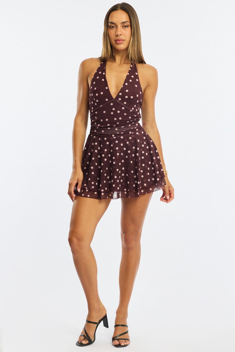 Red Polka Dot Playsuit V-neck Mesh