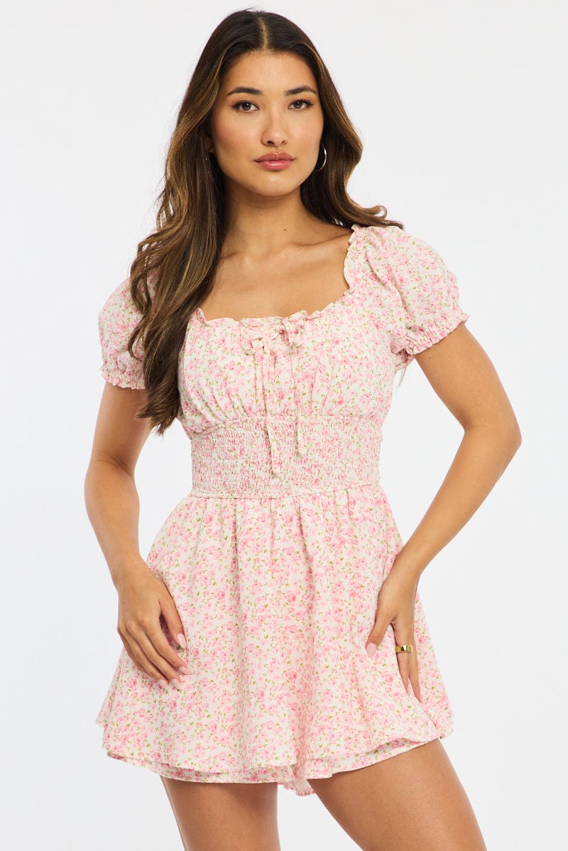Pink Ditsy Playsuit Puff Sleeve Mini