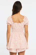 Pink Ditsy Playsuit Puff Sleeve Mini