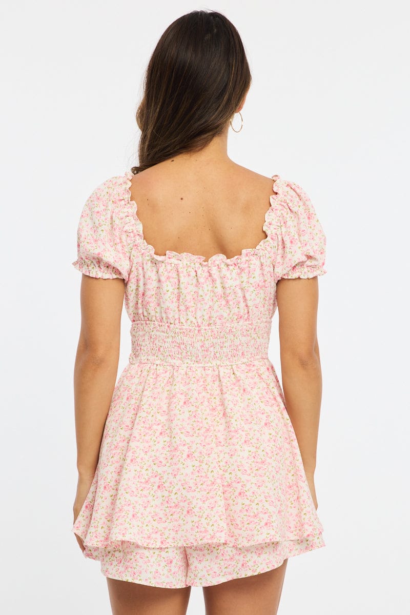 Pink Ditsy Playsuit Puff Sleeve Mini