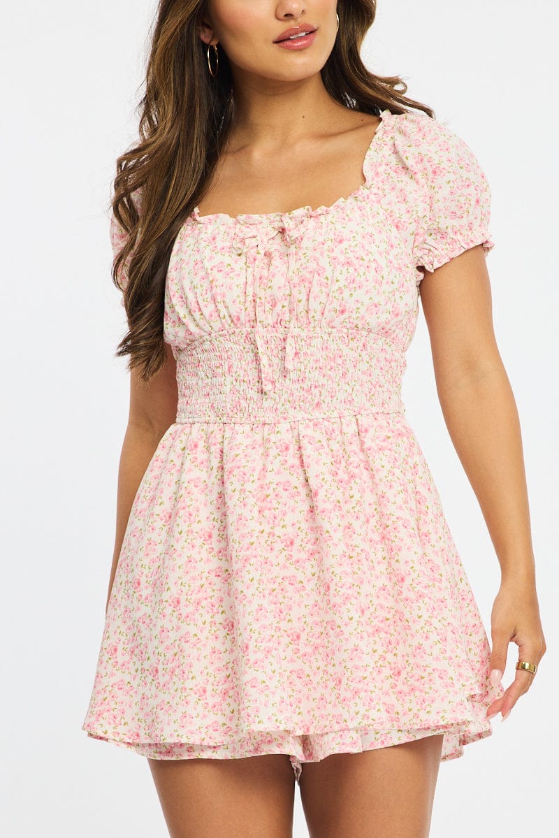 Pink Ditsy Playsuit Puff Sleeve Mini