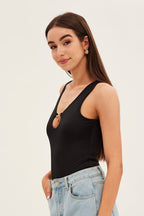 Black Bodysuit Sleeveless Notched Neck Chain-Link