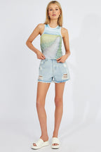 Multi Print Crop Tank Sleeveless Crew Neck