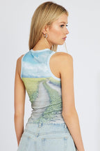 Multi Print Crop Tank Sleeveless Crew Neck