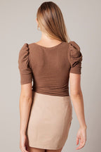 Brown Bodysuit Short Sleeve Textured