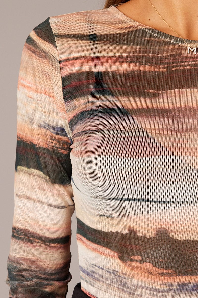 Brown Abstract Mesh Bodysuit Long Sleeve