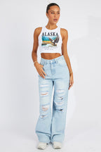 White Graphic Tank Top Eagle Alaska Crop Top
