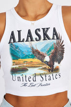 White Graphic Tank Top Eagle Alaska Crop Top