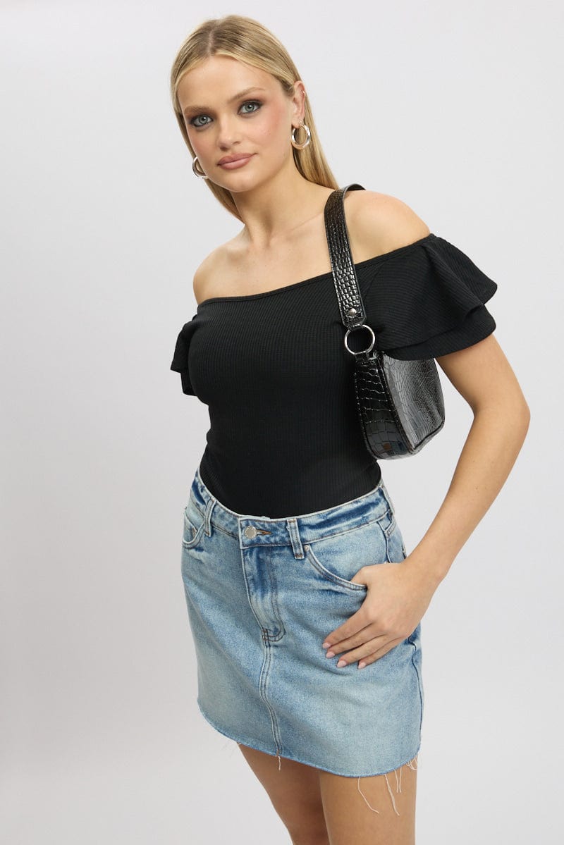Black Bodysuit Ruffle Sleeve Textured