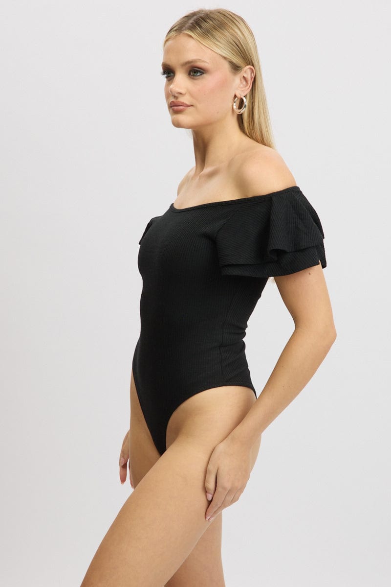 Black Bodysuit Ruffle Sleeve Textured