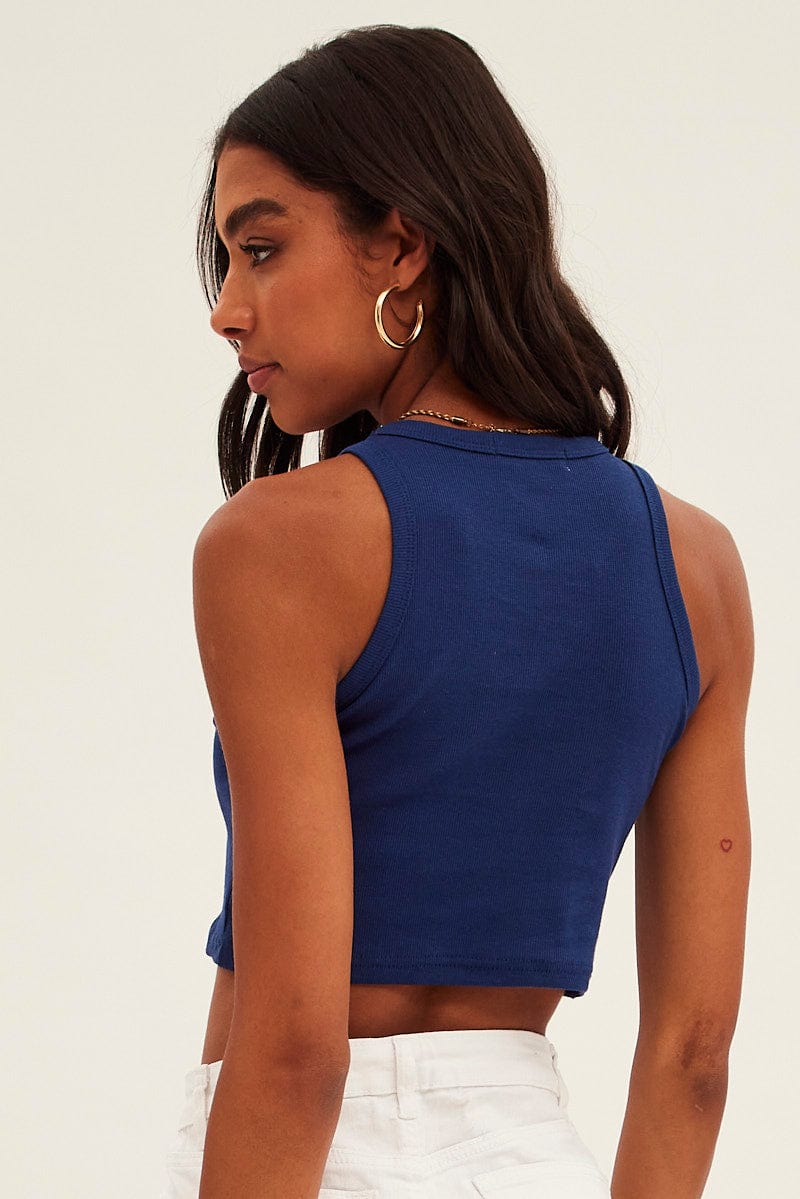 Blue Tank Top Sleeveless Round Neck New York Print Rib