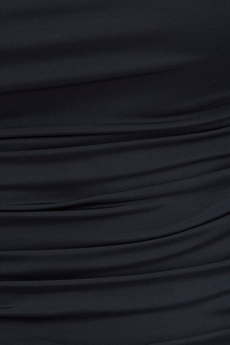 Black Bodysuit Long Sleeve Square Neck Ruched Nylon