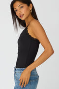 Black Supersoft Bodysuit Singlet Vneck Lace Trim