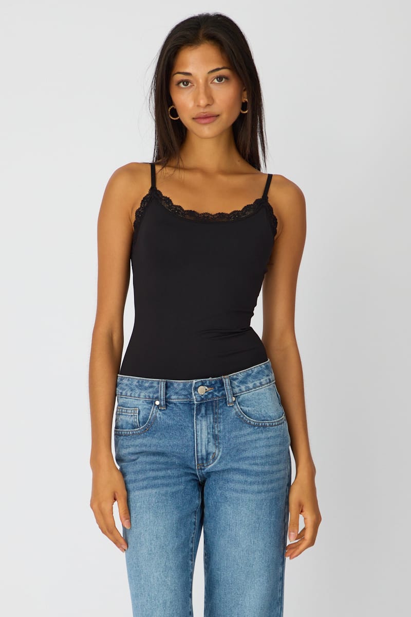 Black Supersoft Bodysuit Singlet Vneck Lace Trim