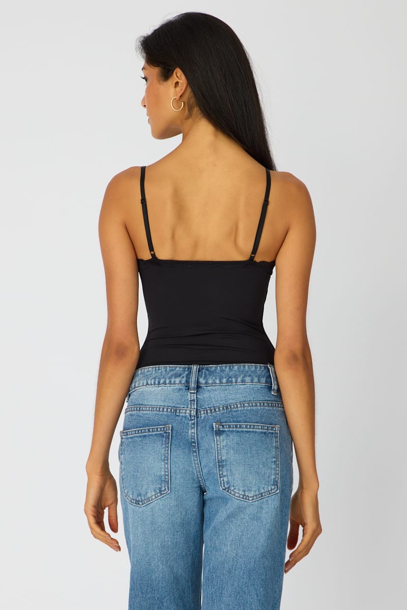 Black Supersoft Bodysuit Singlet Vneck Lace Trim