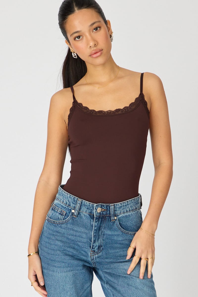 Brown Supersoft Bodysuit Singlet Vneck Lace Trim