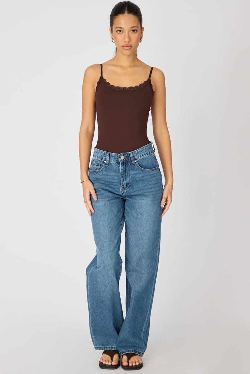 Brown Supersoft Bodysuit Singlet Vneck Lace Trim