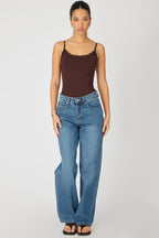 Brown Supersoft Bodysuit Singlet Vneck Lace Trim