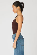 Brown Supersoft Bodysuit Singlet Vneck Lace Trim