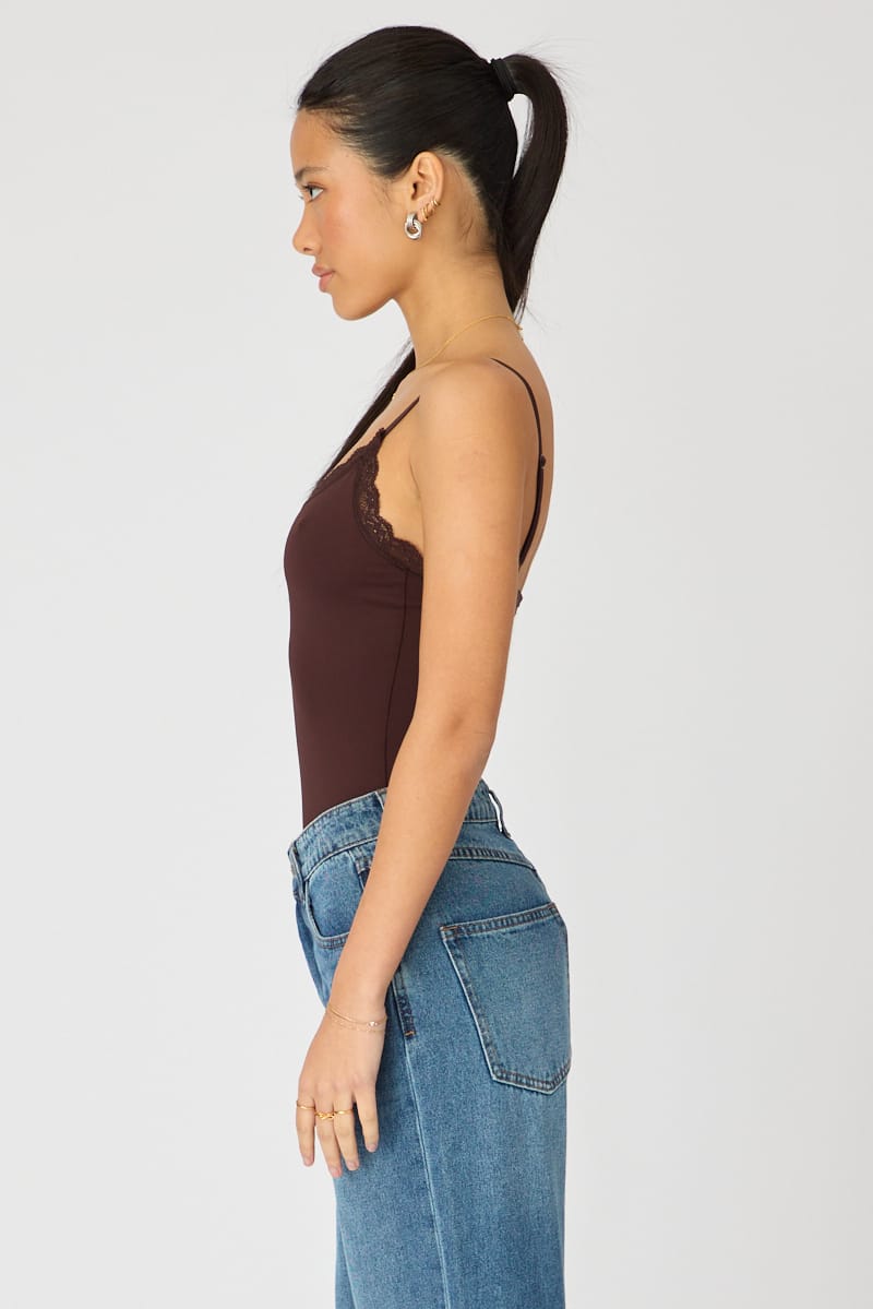 Brown Supersoft Bodysuit Singlet Vneck Lace Trim