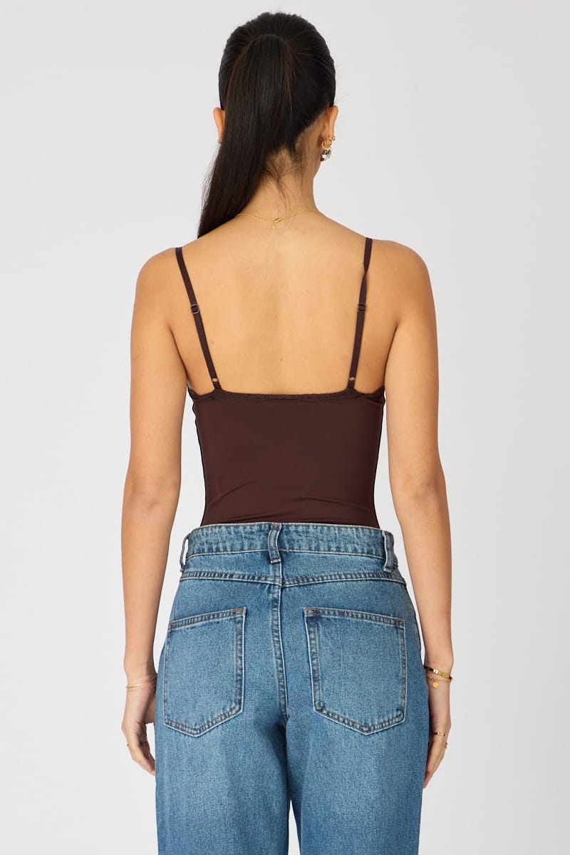 Brown Supersoft Bodysuit Singlet Vneck Lace Trim
