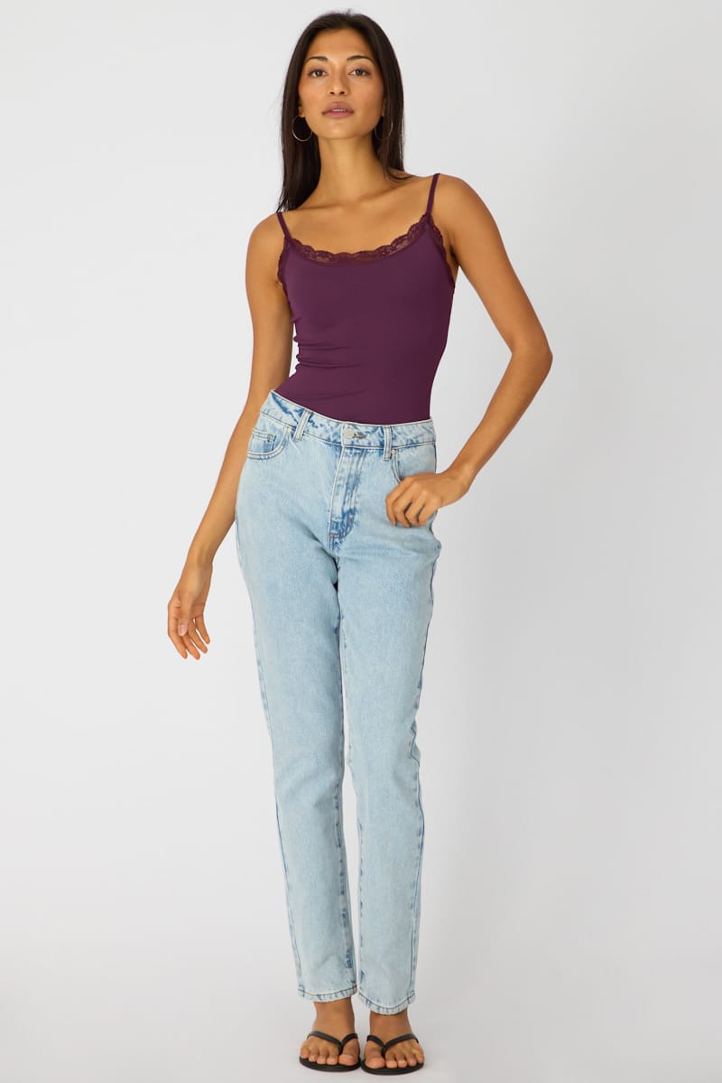 Purple Supersoft Bodysuit Singlet Vneck Lace Trim