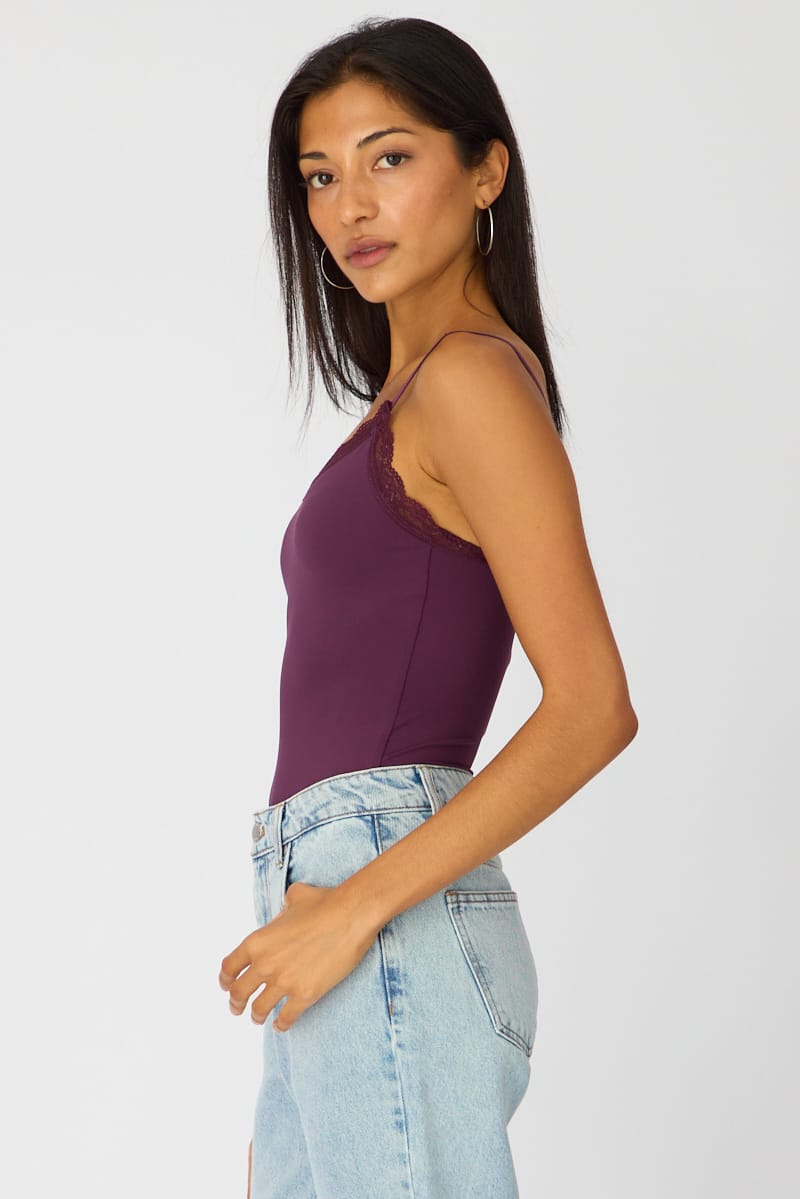 Purple Supersoft Bodysuit Singlet Vneck Lace Trim