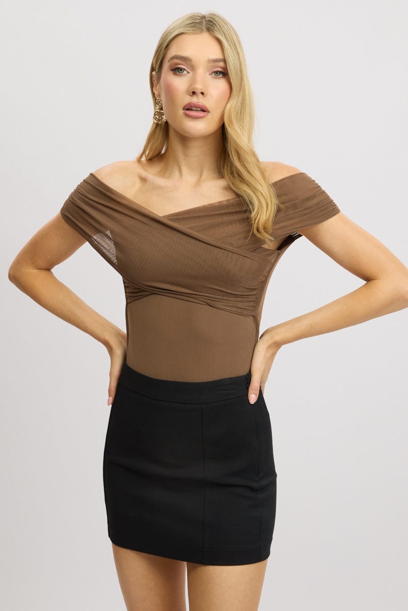 Brown Off Shoulder Bodysuit Mesh