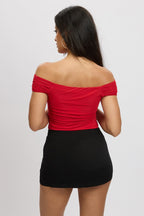 Red Off Shoulder Bodysuit Mesh