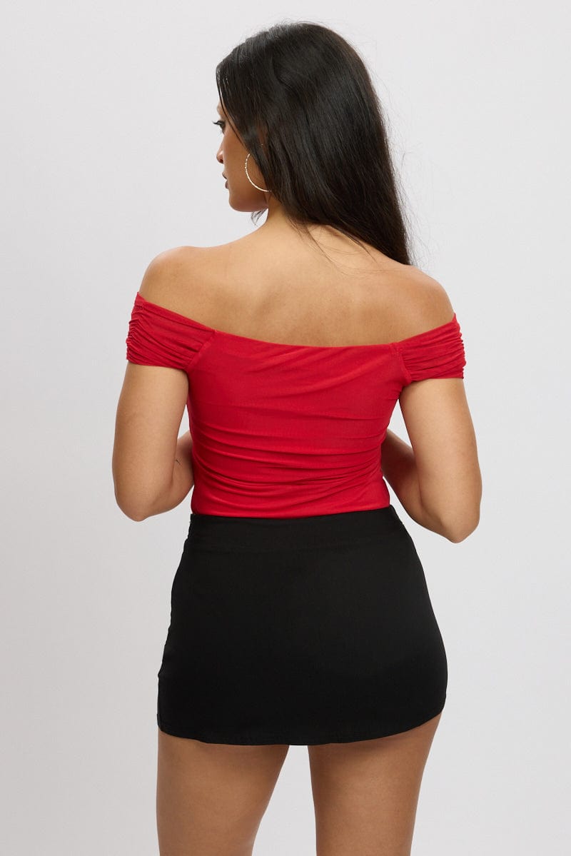 Red Off Shoulder Bodysuit Mesh