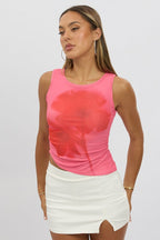 Pink Floral Mesh Tank Top Sleeveless Unbalance Hem