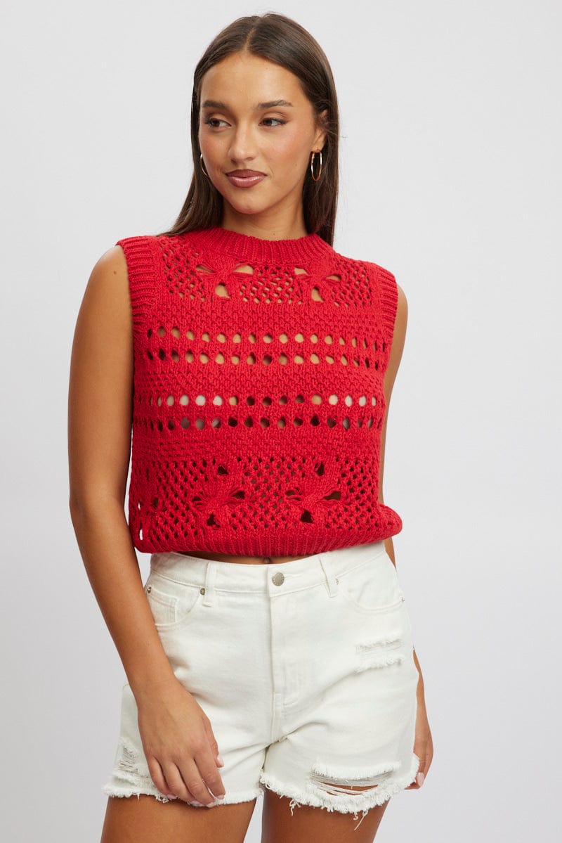 Red Crochet Knit Tank Top