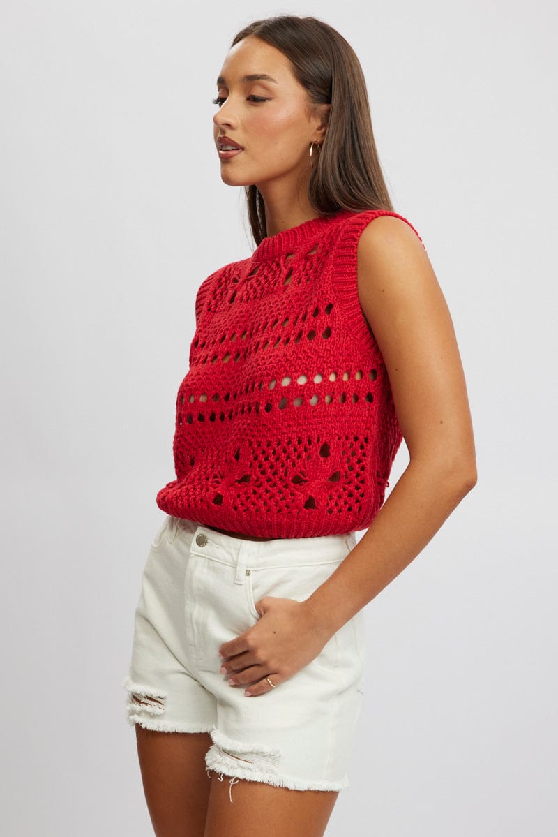 Red Crochet Knit Tank Top