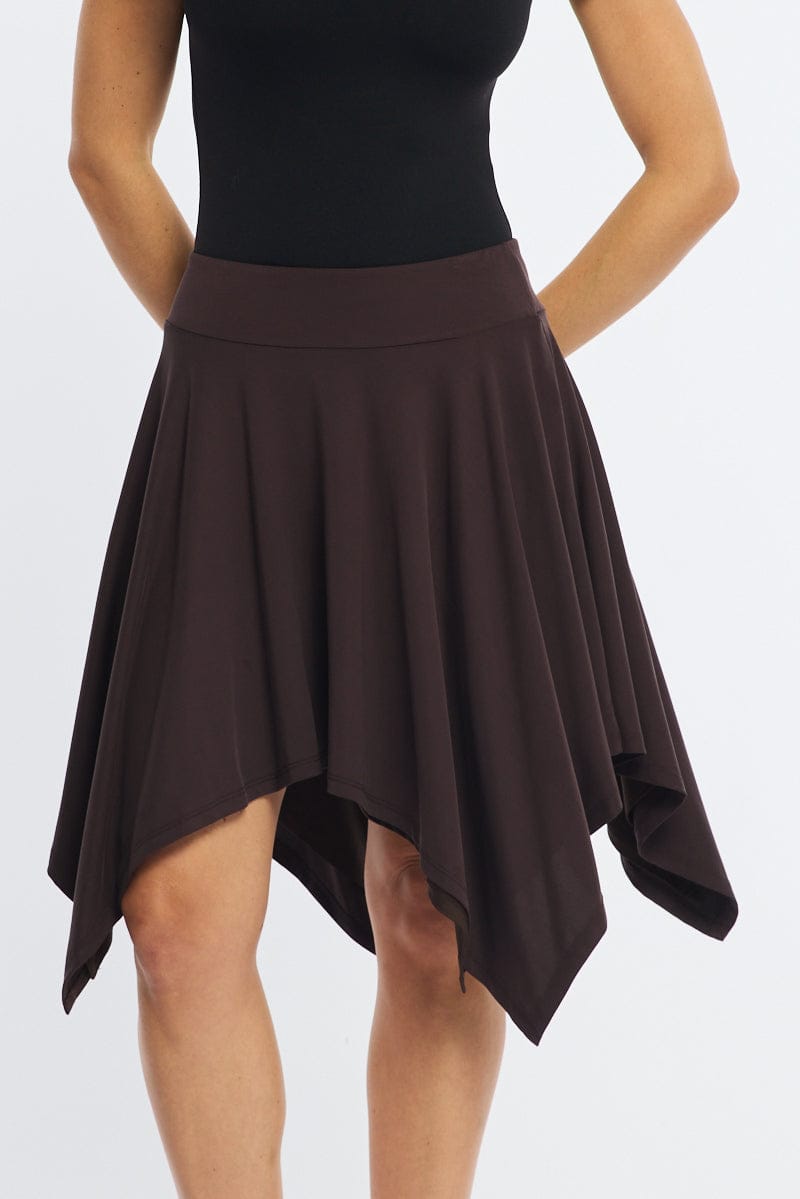 Brown Midi Scarf Skirt Handkerchief Hem Modal Blend