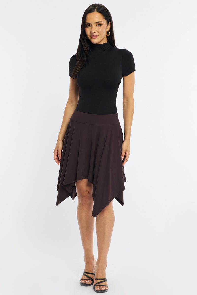 Brown Midi Scarf Skirt Handkerchief Hem Modal Blend
