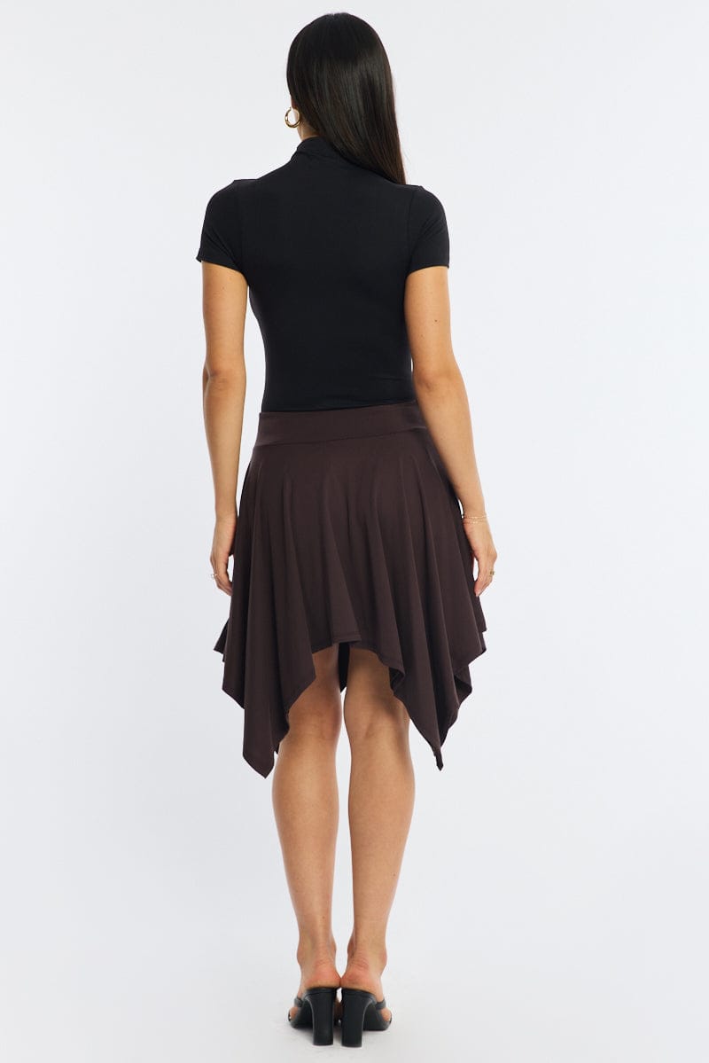Brown Midi Scarf Skirt Handkerchief Hem Modal Blend