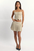 Beige Pleated Skirt High Waisted Contrast Waistband