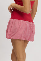 Red Check Bubble Skirt High Rise Rib Waist Mini Balloon