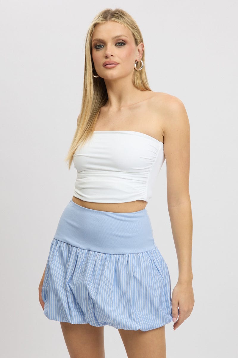 Blue Stripe Bubble Skirt High Rise Rib Waist Mini Balloon