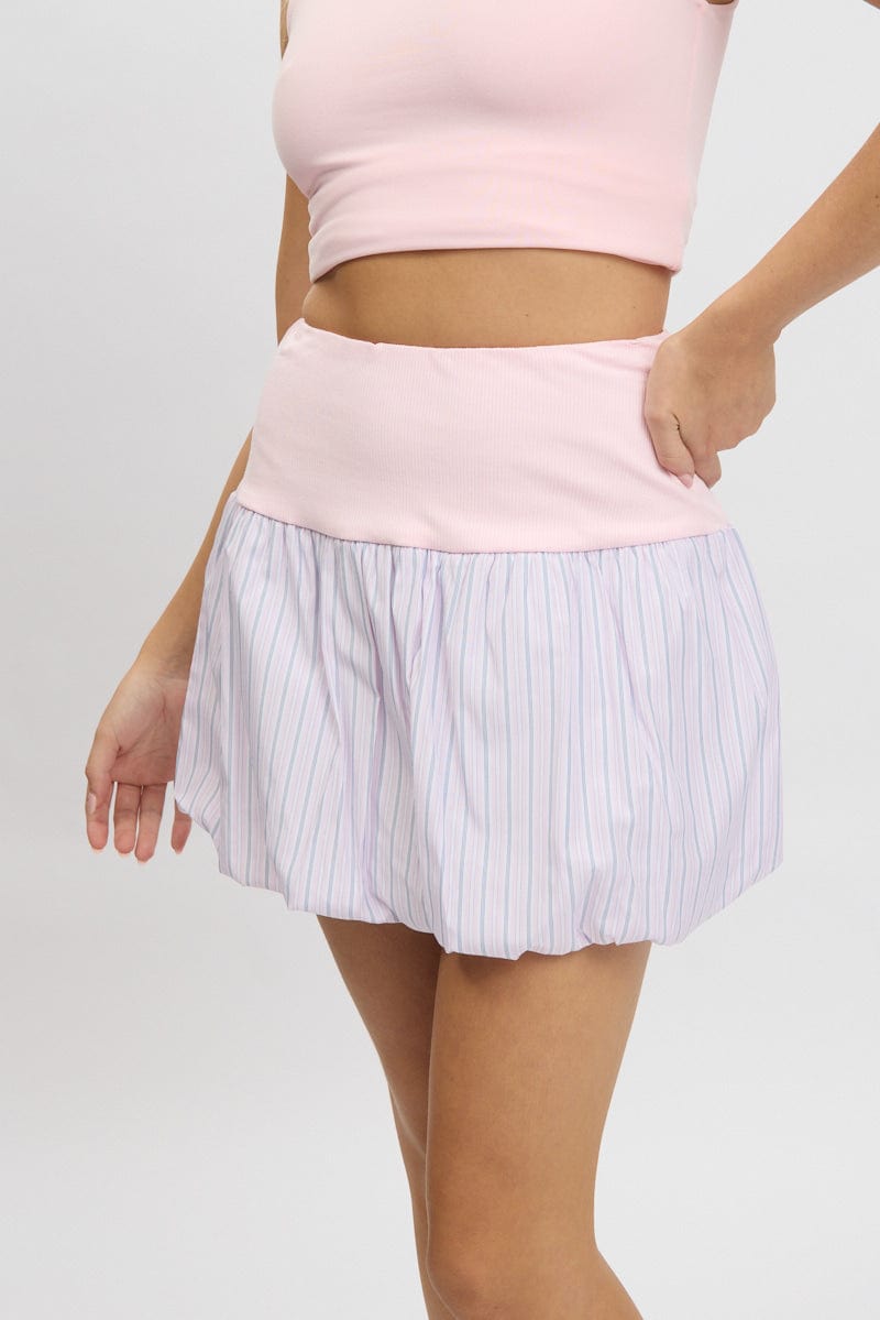 Pink Stripe Bubble Skirt High Rise Rib Waist Mini Balloon