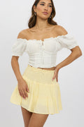Yellow Mini Skort Skirt Shirred Waist Cotton Textured Lined