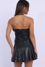 Black PU Tennis Skirt High Rise Pleated Slight Stretch